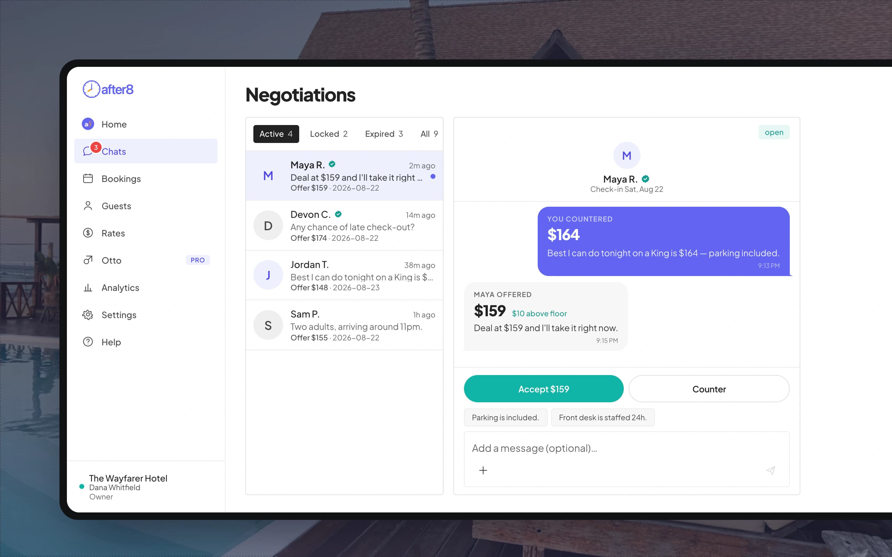The After8 negotiation console, showing a guest offer and the hotel's counter