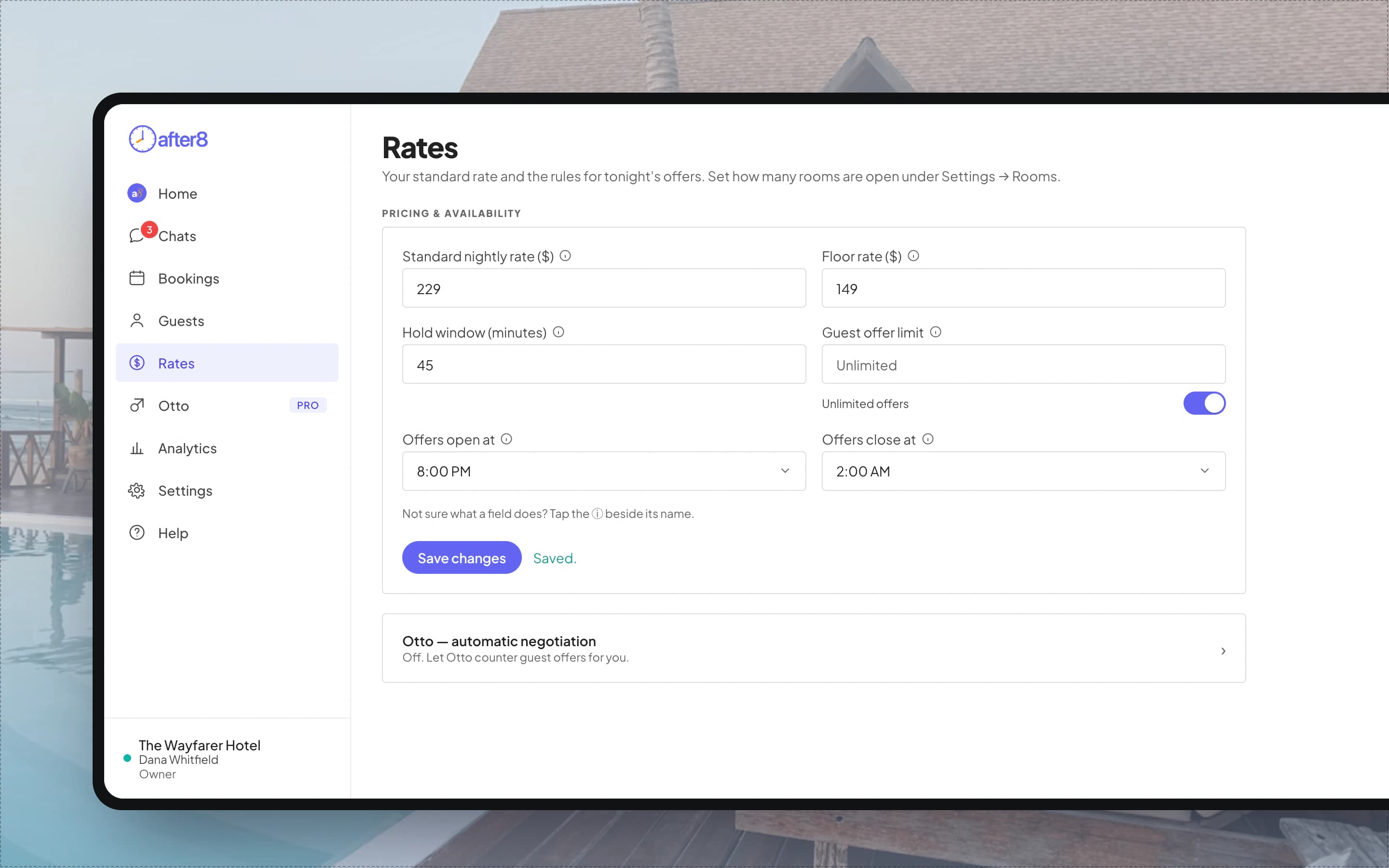 The After8 rates screen, showing the nightly floor rate control
